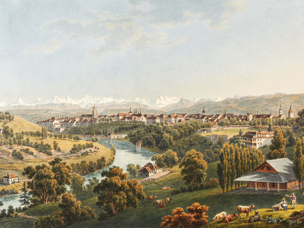 Bern, Gesamtansicht von Norden. Aare; Alpen; Bauer; Herde; Stall