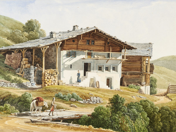 Bauernhaus, Aussenansicht. Bauer; Brücke; Reisender