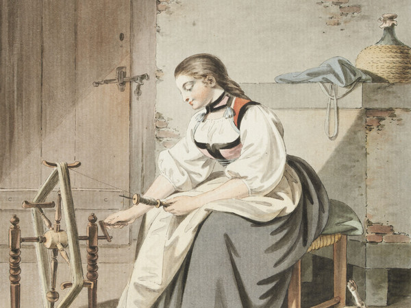 Jeune fille en costume à son rouet  