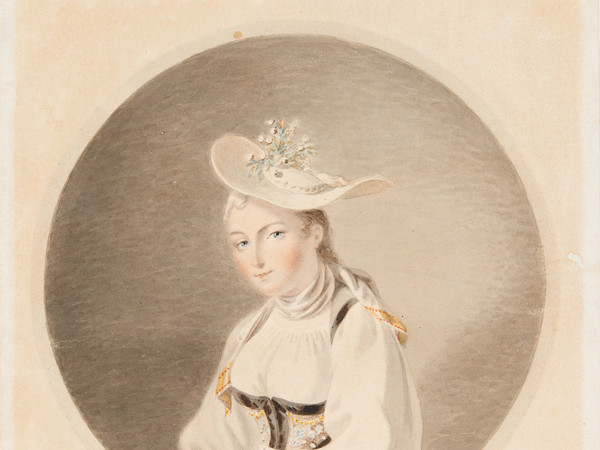 Figure féminine à mi-corps, portrait d’Elisabeth Grossmann, guide touristique, batelière sur le trajet de Brienz aux chutes de Giessbach, portrait identique au transparent