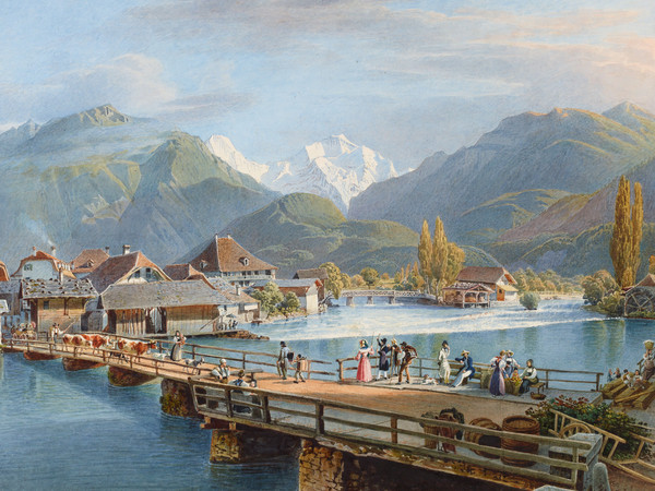 Vue du village d’Unterseen. Au premier plan, pont en caissons animé sur l’Aar; à l’arrière-plan, massif de la Jungfrau.