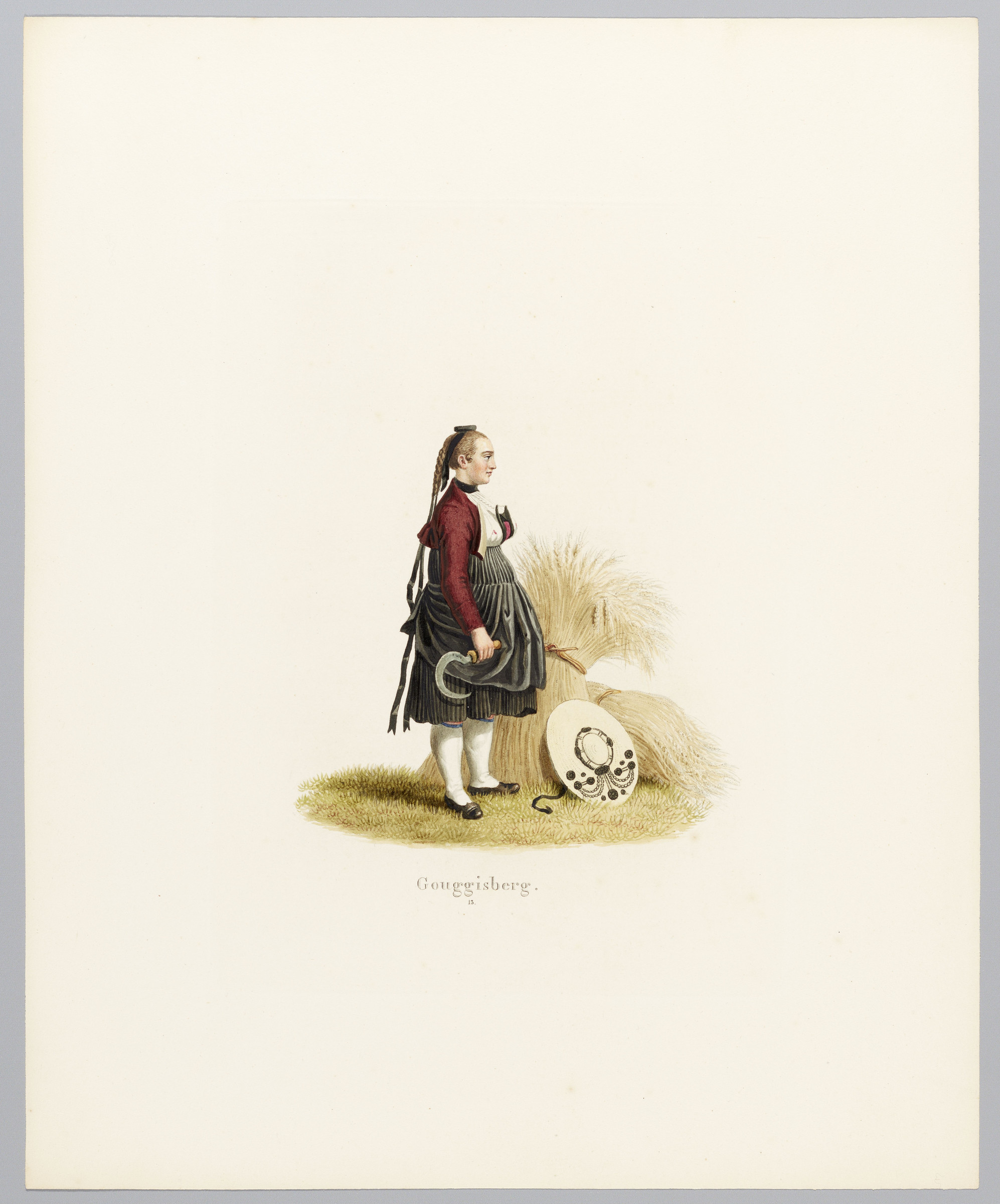 Femme en pied en costume bernois et gerbes