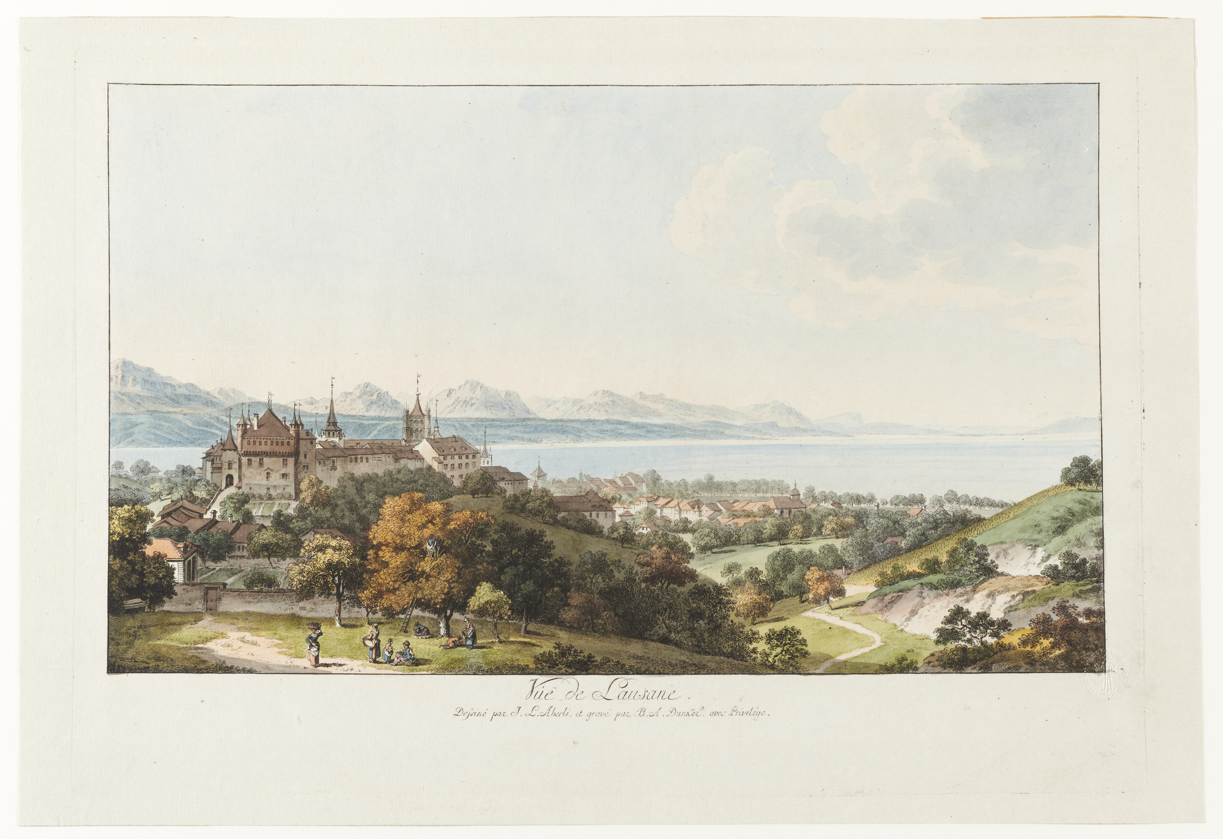 Lausanne, Panoramablick aus nordöstlicher Richtung. Schloss; Garten; Genfer See; Ernte