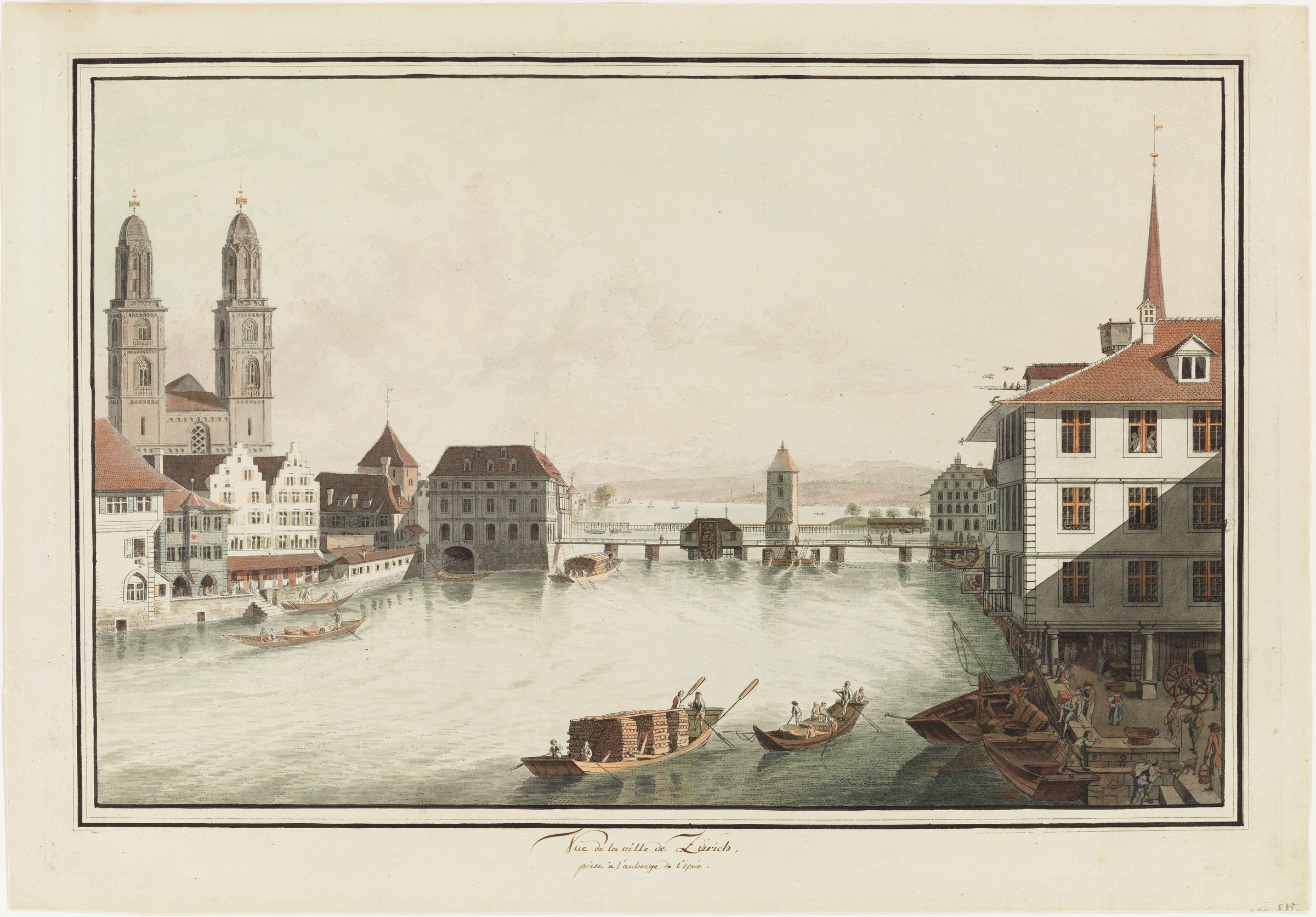 Zurich, les deux rives de la Limmat, vers l’amont, avec vue sur la Grossmünster, le lac et les Alpes