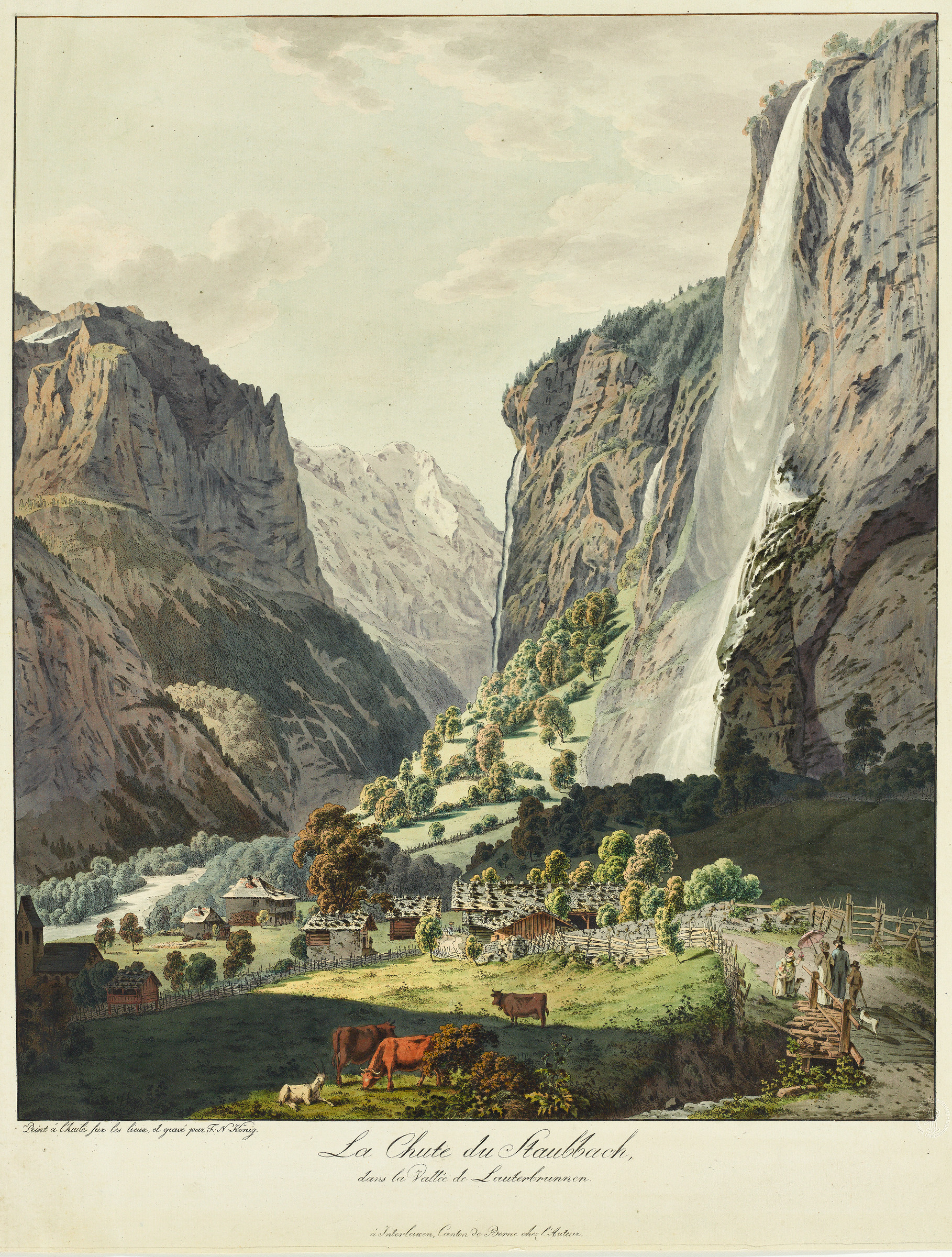 Ansicht auf den Staubbachfall im Lauterbrunnental, im Vordergrund Staffagefiguren mit Differenzierung von Tracht und städtischer Kleidung
