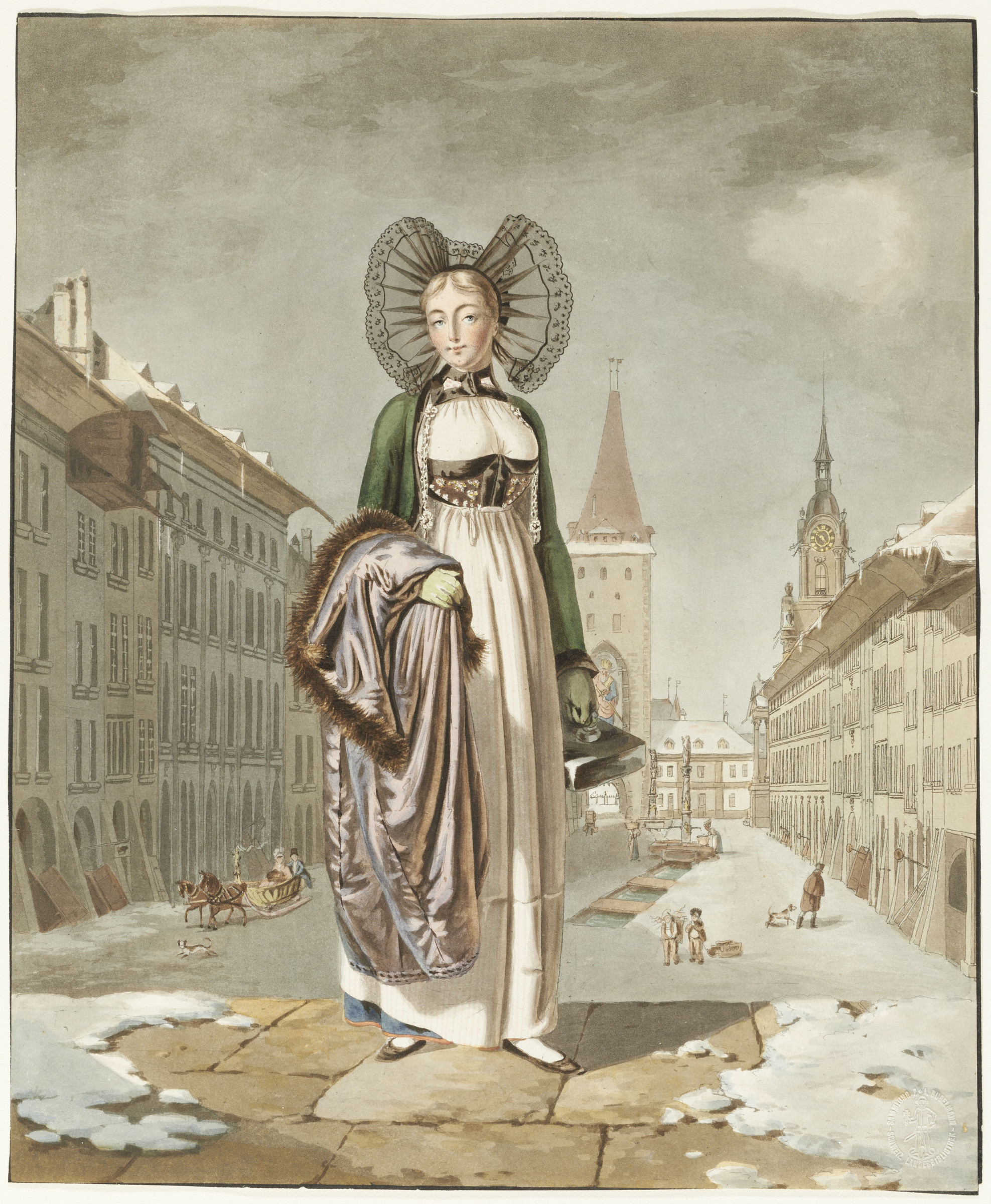 Femme en costume folklorique de Berne en hiver