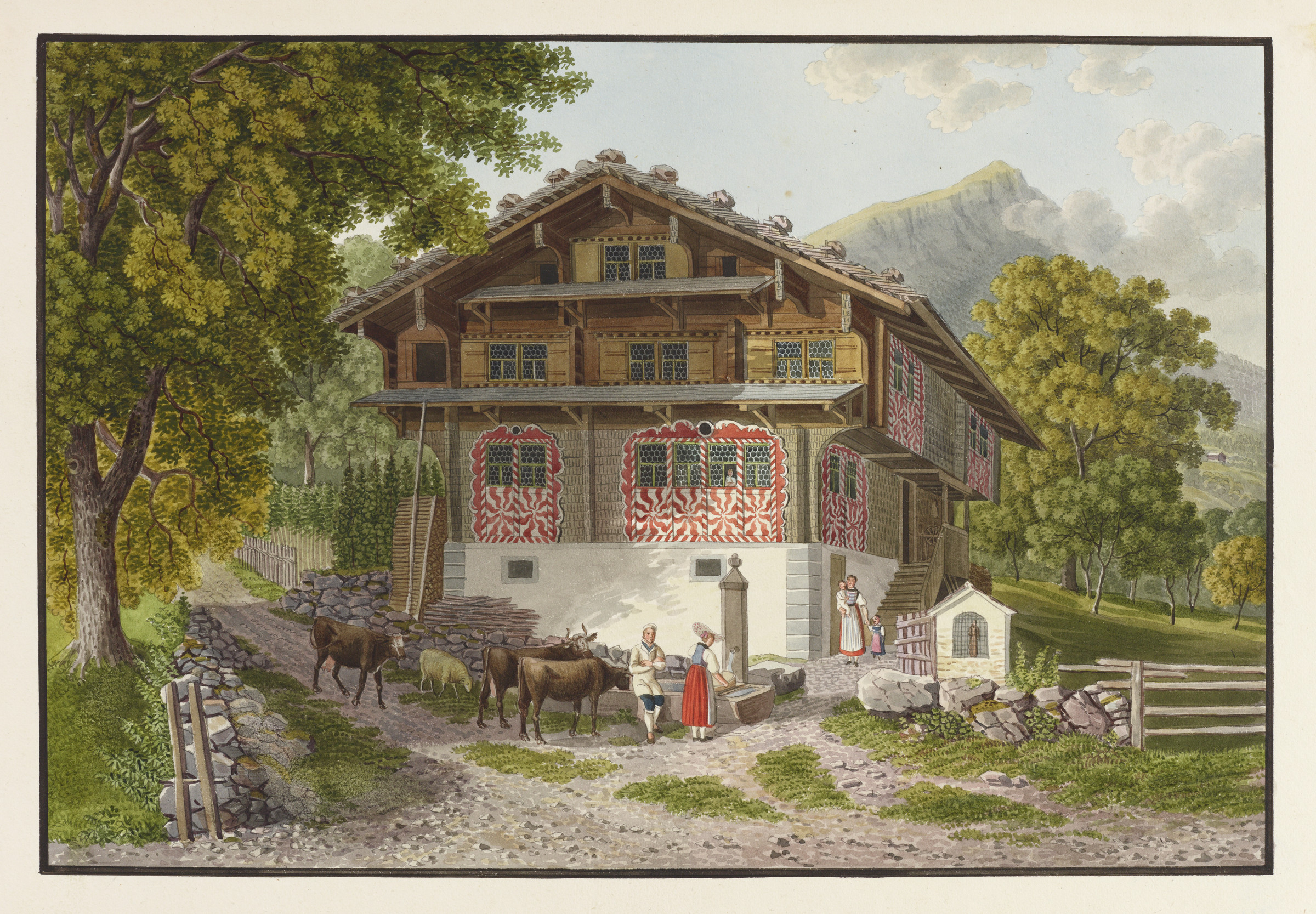 Bauernhaus, Aussenansicht. Bauer; Brunnen