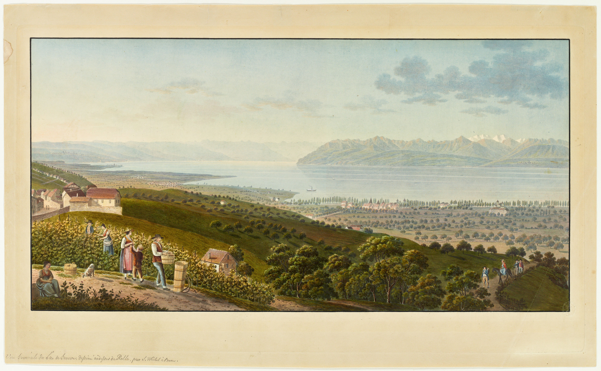 Demi-panorama du Léman vers l’est; au premier plan, vignerons et groupe de touristes.