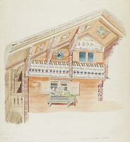 Ferme, vue partielle de la façade avec inscription de la maison et vue de dessous du toit