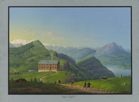 Auberge de Rigi-Staffel et vue sur le lac des Quatre-Cantons. Au premier plan, touristes.