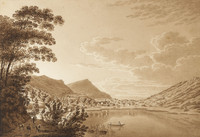 Lauerz, vue générale depuis le sud-est ; bateau ; éboulement de Goldau ; berger ; lac de Lauerz