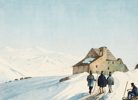 Tre turisti davanti all’ospizio del Gottardo sulla strada innevata lungo il passo del San Gottardo.