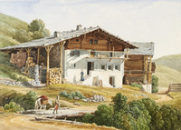 Ferme, vue extérieure. paysan ; pont ; voyageur