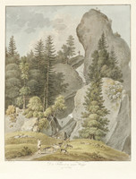 Weggis, environs. Arche rocheuse ; troupeau ; berger ; Rigi