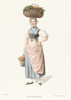 Femme en pied en costume thurgovien et paniers remplis de fruits