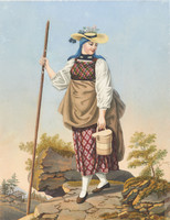 Jeune femme avançant sur un sol pierreux en costume de l’Oberhasli, avec foulard, chapeau de paille, baton et seau à lait