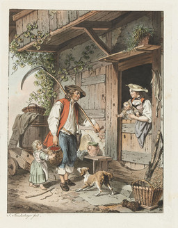 Genreszene mit einem Bauer in Tracht, der vom Feld zu seiner Familie zurückkehrt. Bauer; Bauernhaus; Ernte; Frauentracht; Männertracht; Schwefelhütchen