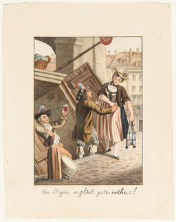 Homme séduisant une femme à l’entrée d’une taverne